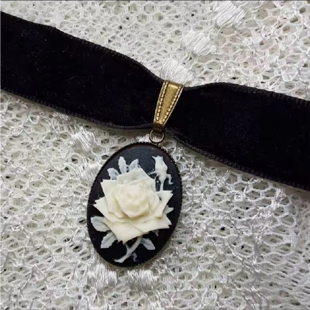 Black Velvet Choker with White Rose Pendant